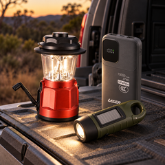 Vehicle kit radio lantern, Laser power bank and solar clip torch at dusk