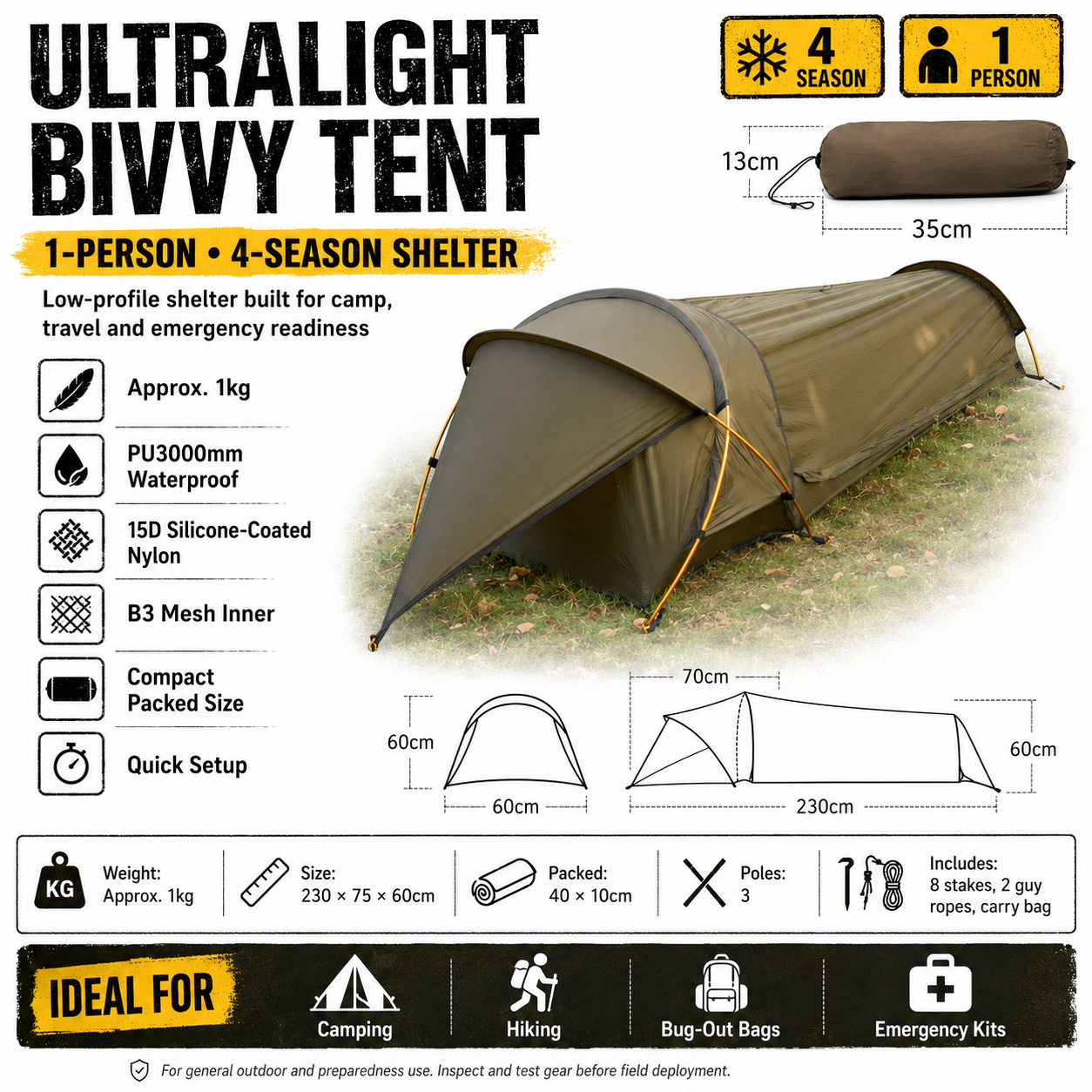 Ultralight Bivvy Tent 1kg – 1-Person, 4-Season Shelter