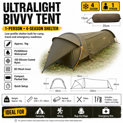 Ultralight Bivvy Tent 1kg – 1-Person, 4-Season Shelter