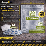 2.5L Mylar Bag & Oxygen Absorber Set | 20 Pack Food Storage