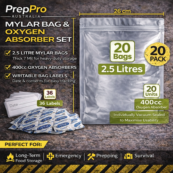 2.5L Mylar Bag & Oxygen Absorber Set | 20 Pack Food Storage