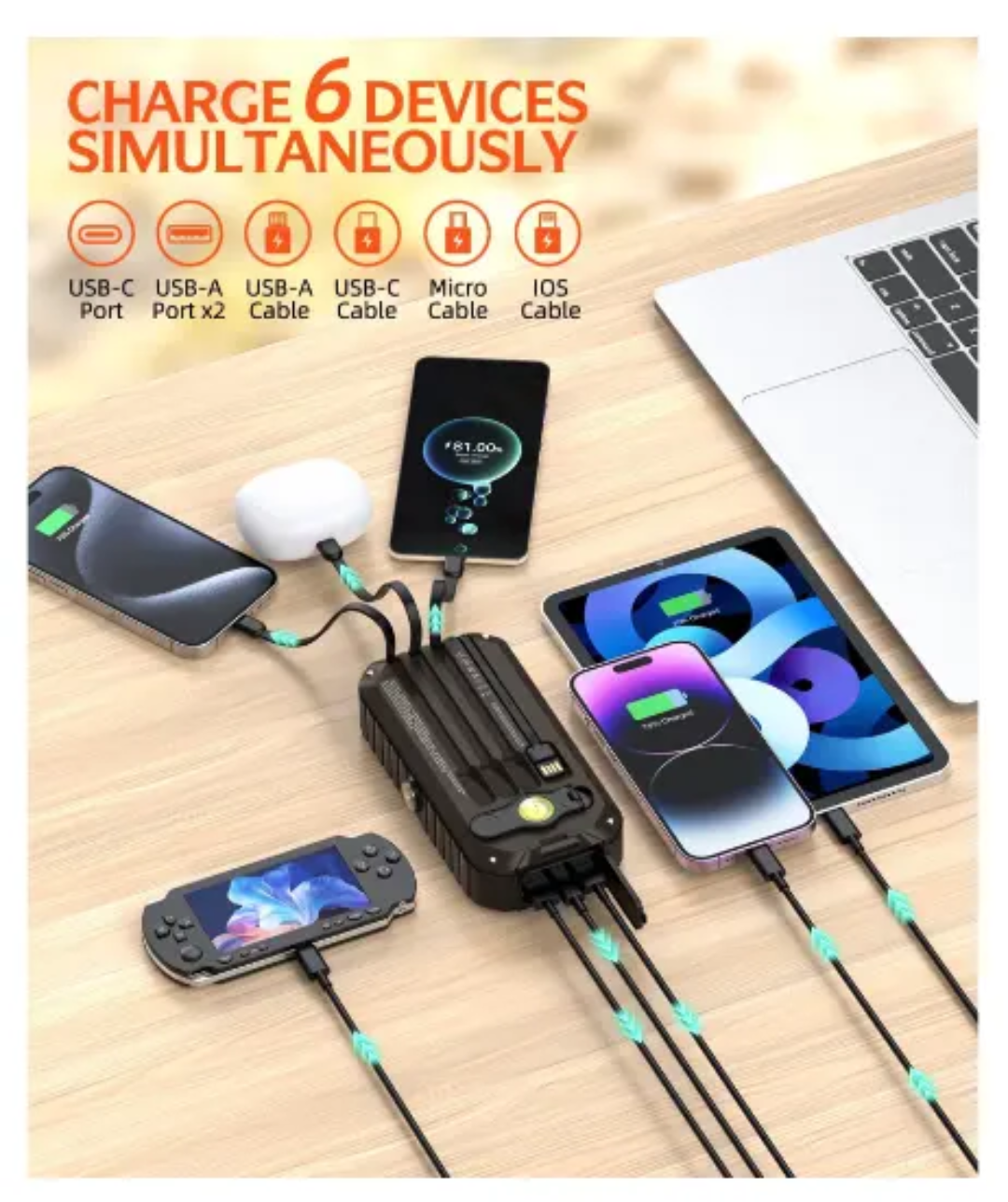 Solar Hand Crank Power Bank with Built-In Cables & PD Fast Charging