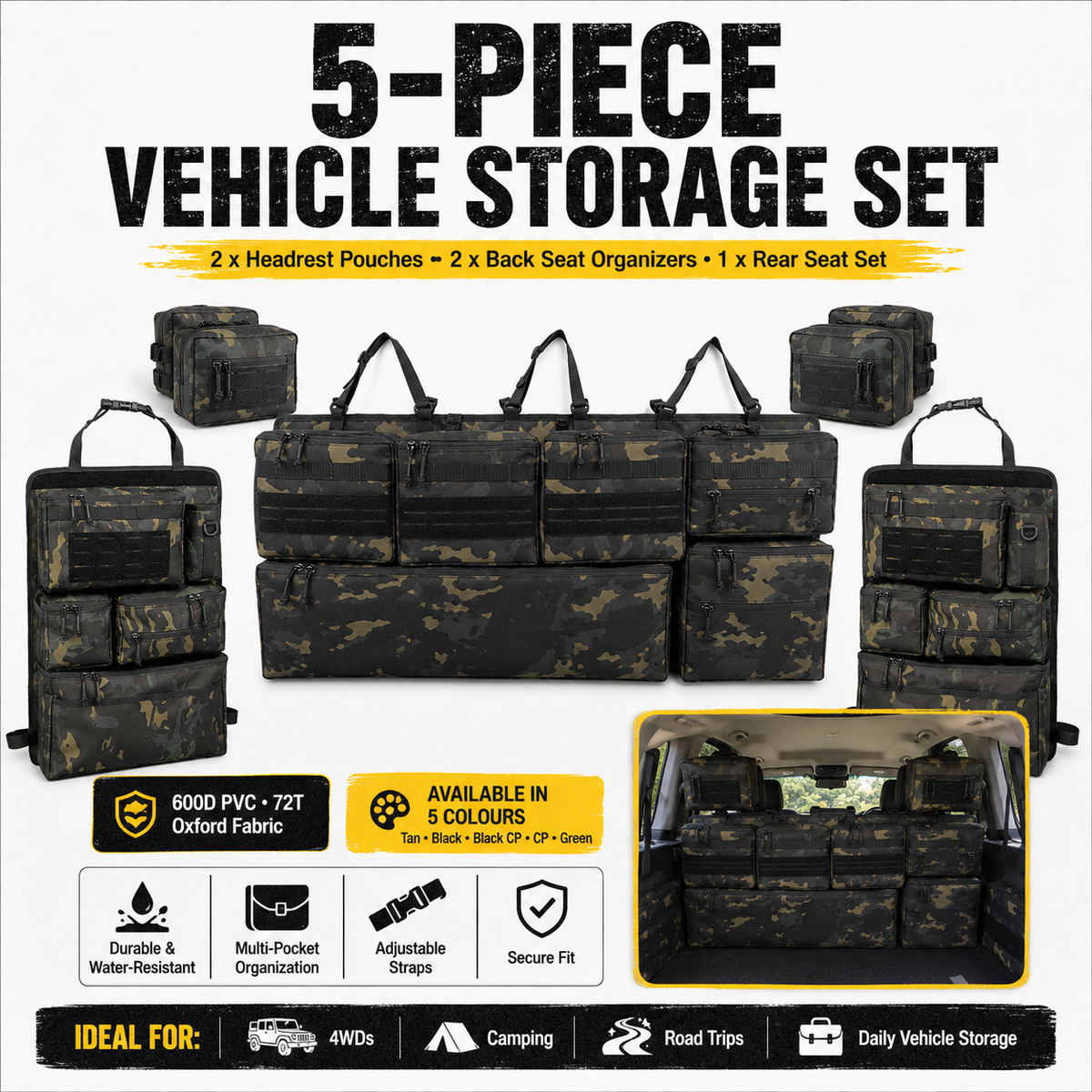 5-Piece Tactical Vehicle Storage Set – MOLLE Seat-Back, Headrest & Boot Organiser System
