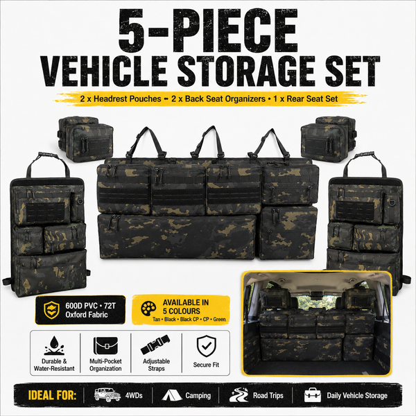 5-Piece Tactical Vehicle Storage Set – MOLLE Seat-Back, Headrest & Boot Organiser System