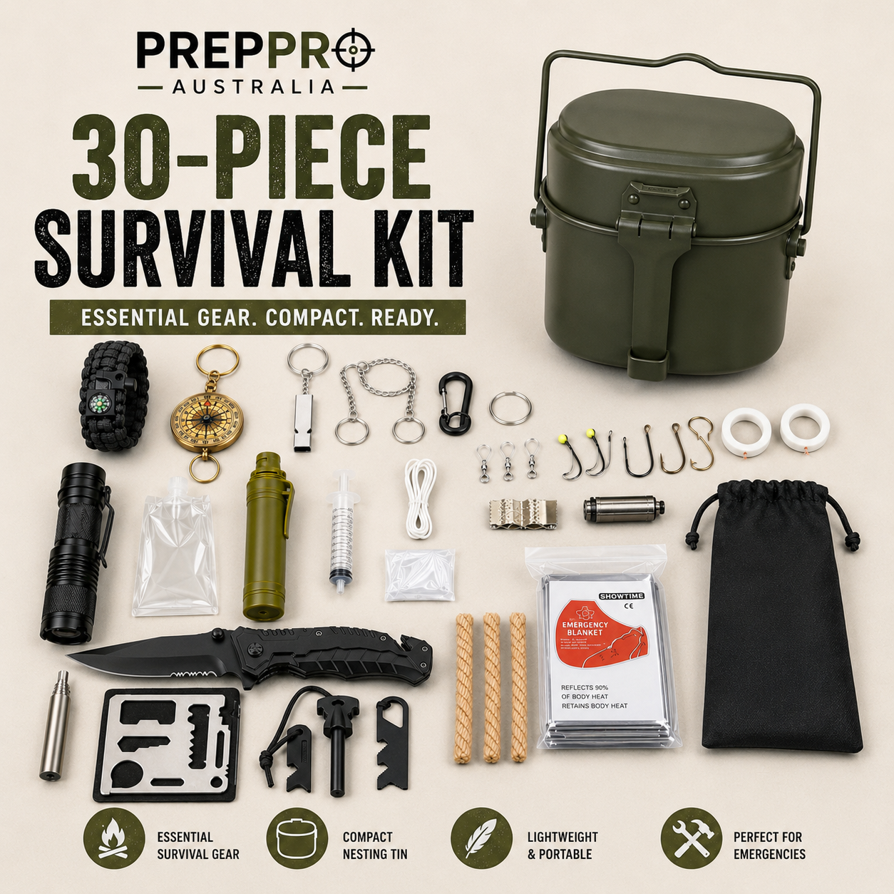 30‑Piece Outdoor Survival and Mess Kit | PrepPro