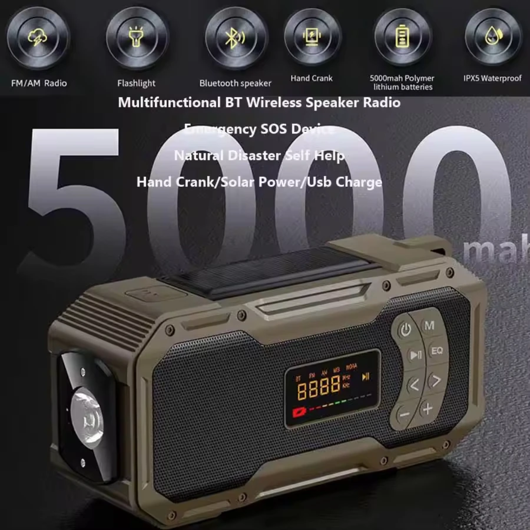 Solar Hand Crank Emergency Radio – 5000mAh Survival Radio with Power Bank, Flashlight & Bluetooth Speaker