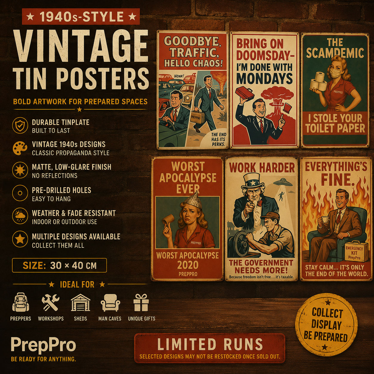 1940s‑Style Vintage Tin Posters 30×40cm | PrepPro