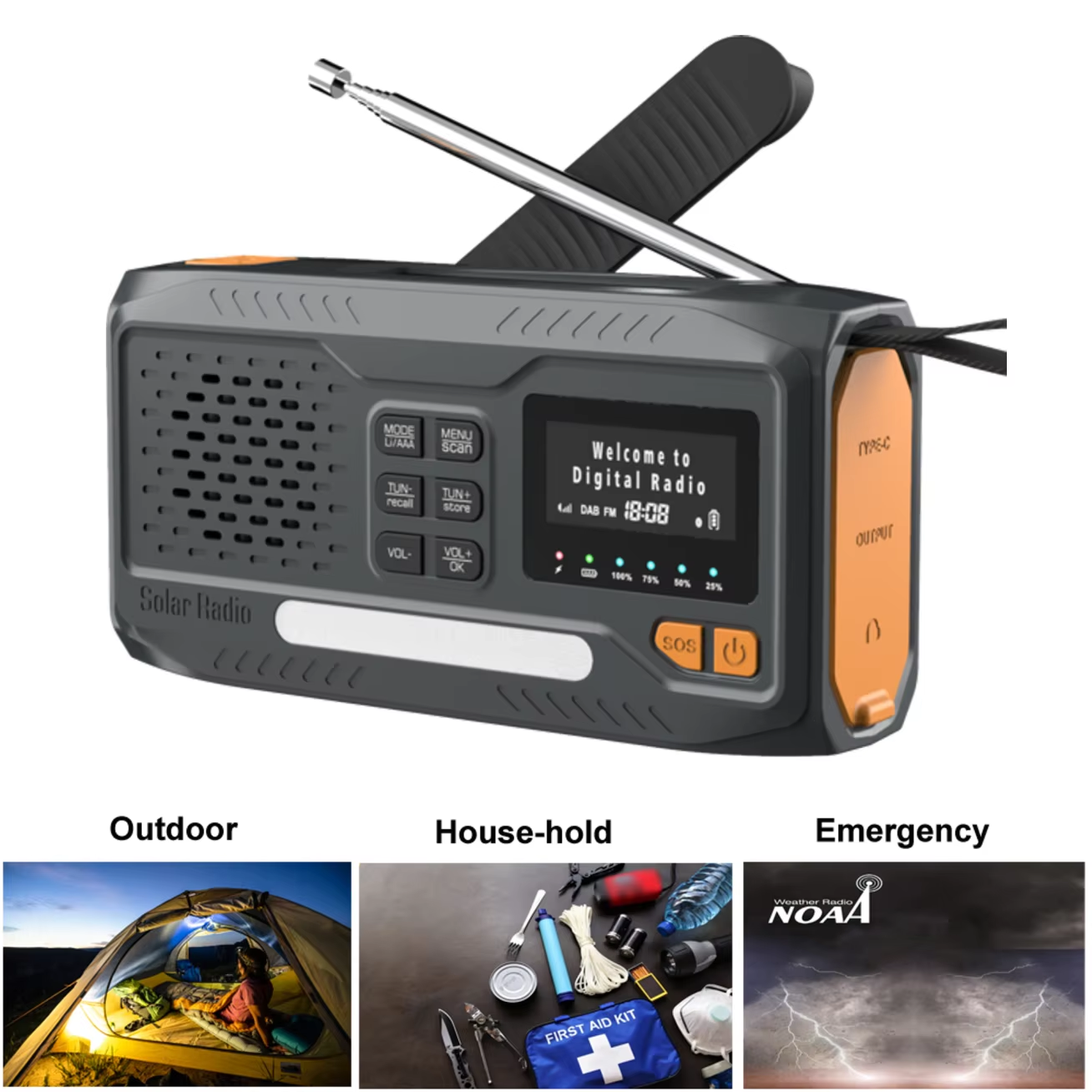Solar Hand Crank Emergency Radio – Bluetooth, DAB+/FM, 4000mAh Power Bank, LED Torch & SOS Alarm - PrepPro Australia