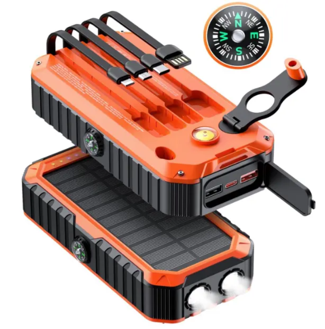 Solar Hand Crank Power Bank with Built-In Cables & PD Fast Charging
