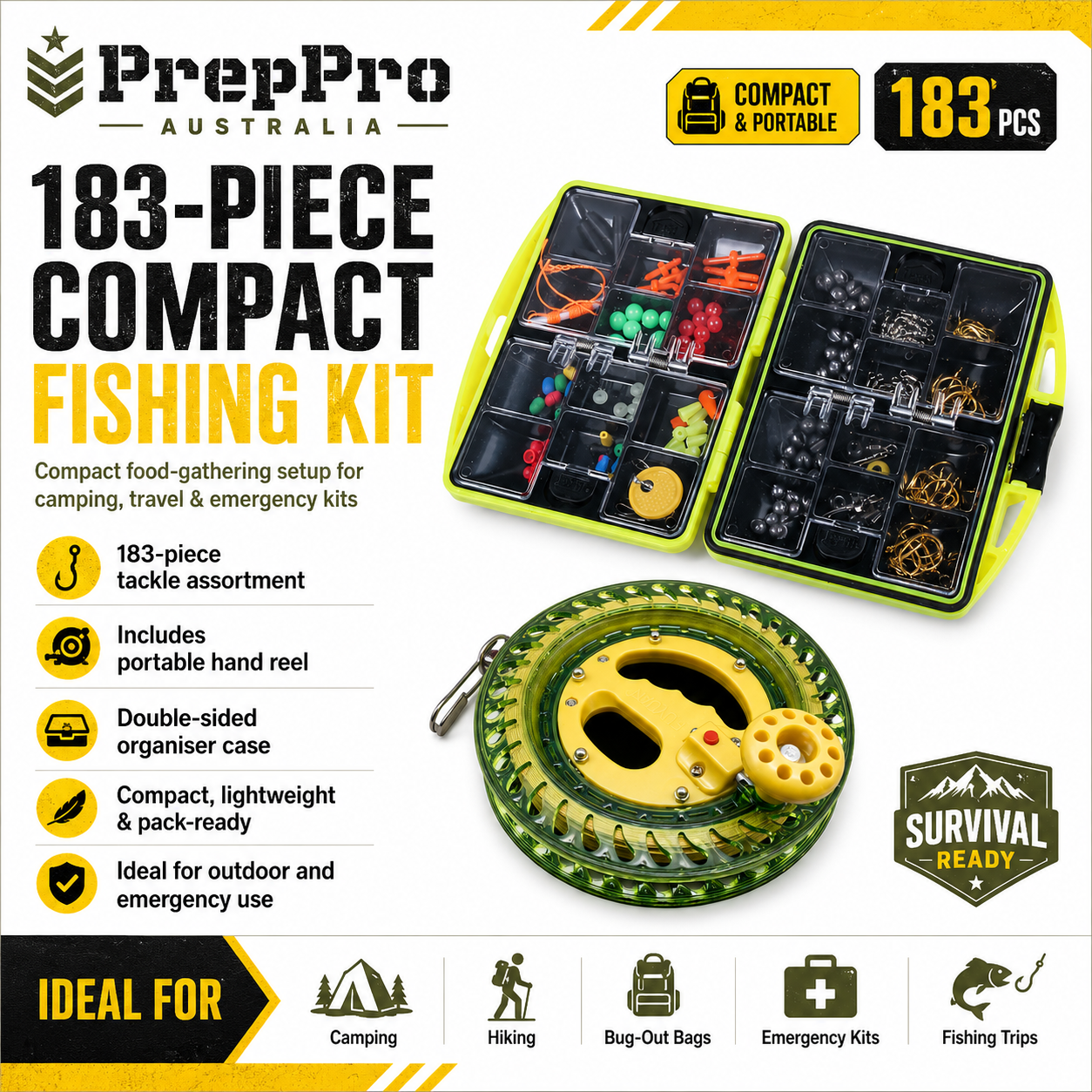 Compact Survival Fishing Kit – 182-Piece Emergency Fishing Reel Set