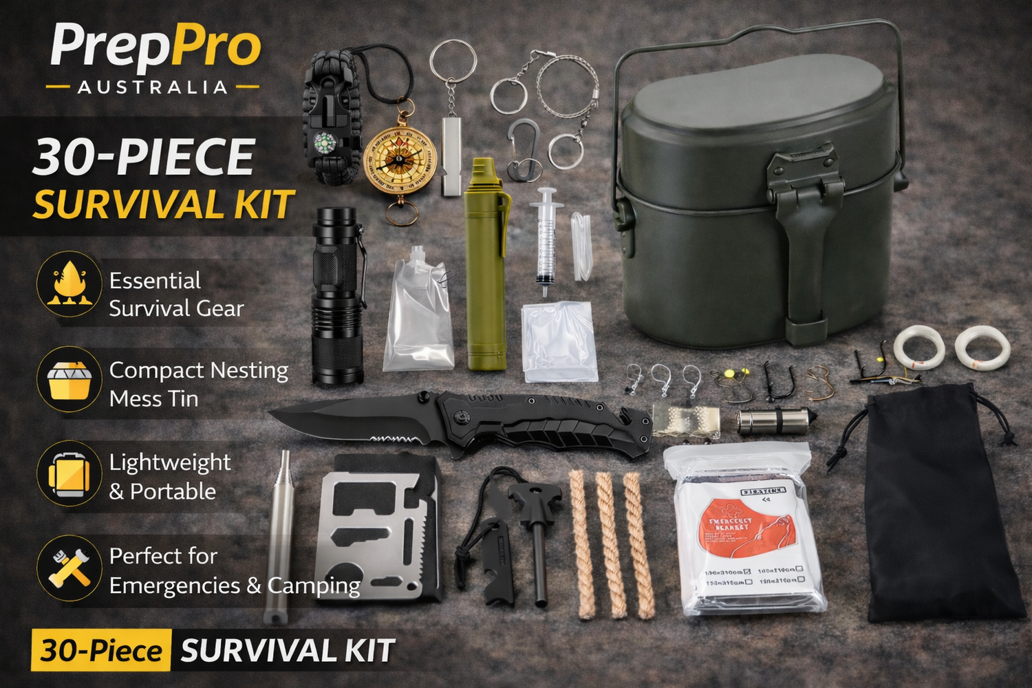 30‑Piece Outdoor Survival and Mess Kit | PrepPro