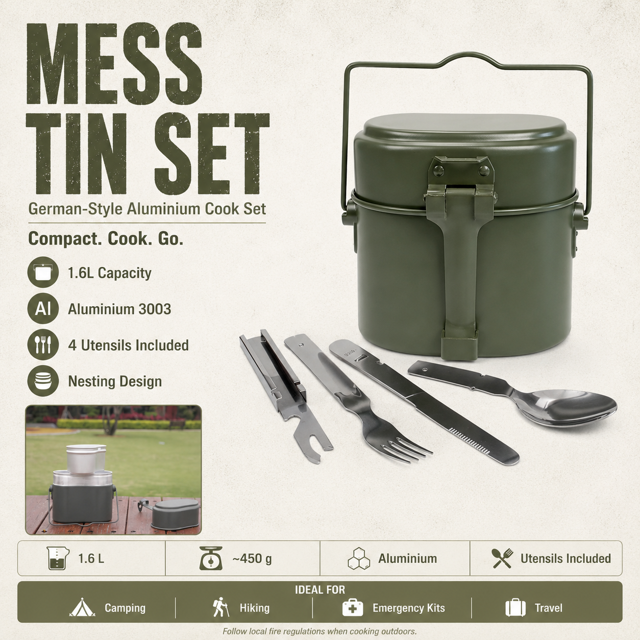 Aluminium Mess Tin Set with Utensils (German‑Style)ls