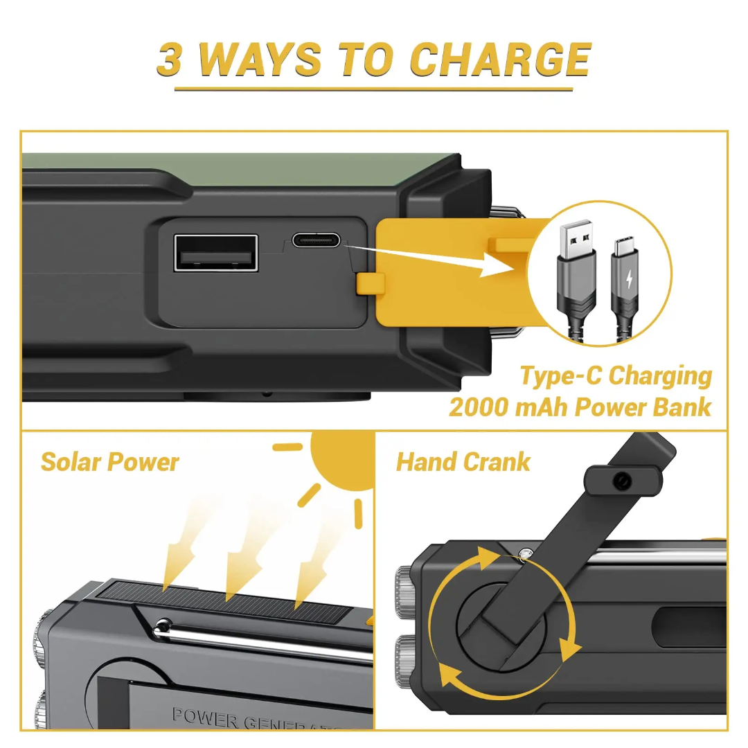 Emergency Weather Radio – Solar Hand Crank AM/FM NOAA Radio with Flashlight & Power Bank