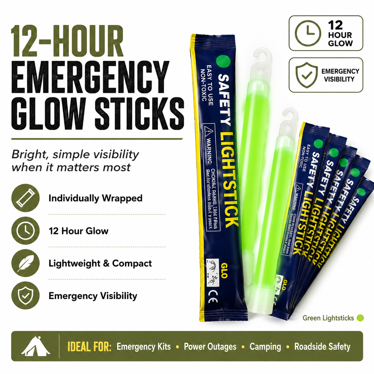 Emergency Glow Sticks - Up to 12 hours lighting