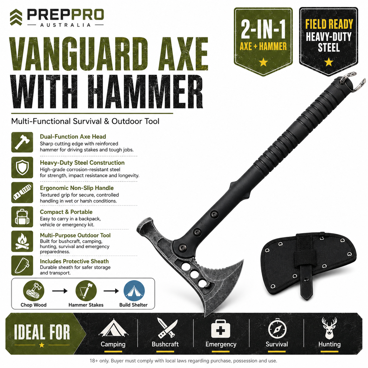 Vanguard Axe with Hammer – Field‑Ready | PrepPro