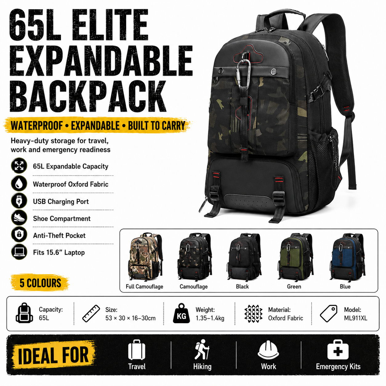 65L Elite Expandable Backpack | PrepPro