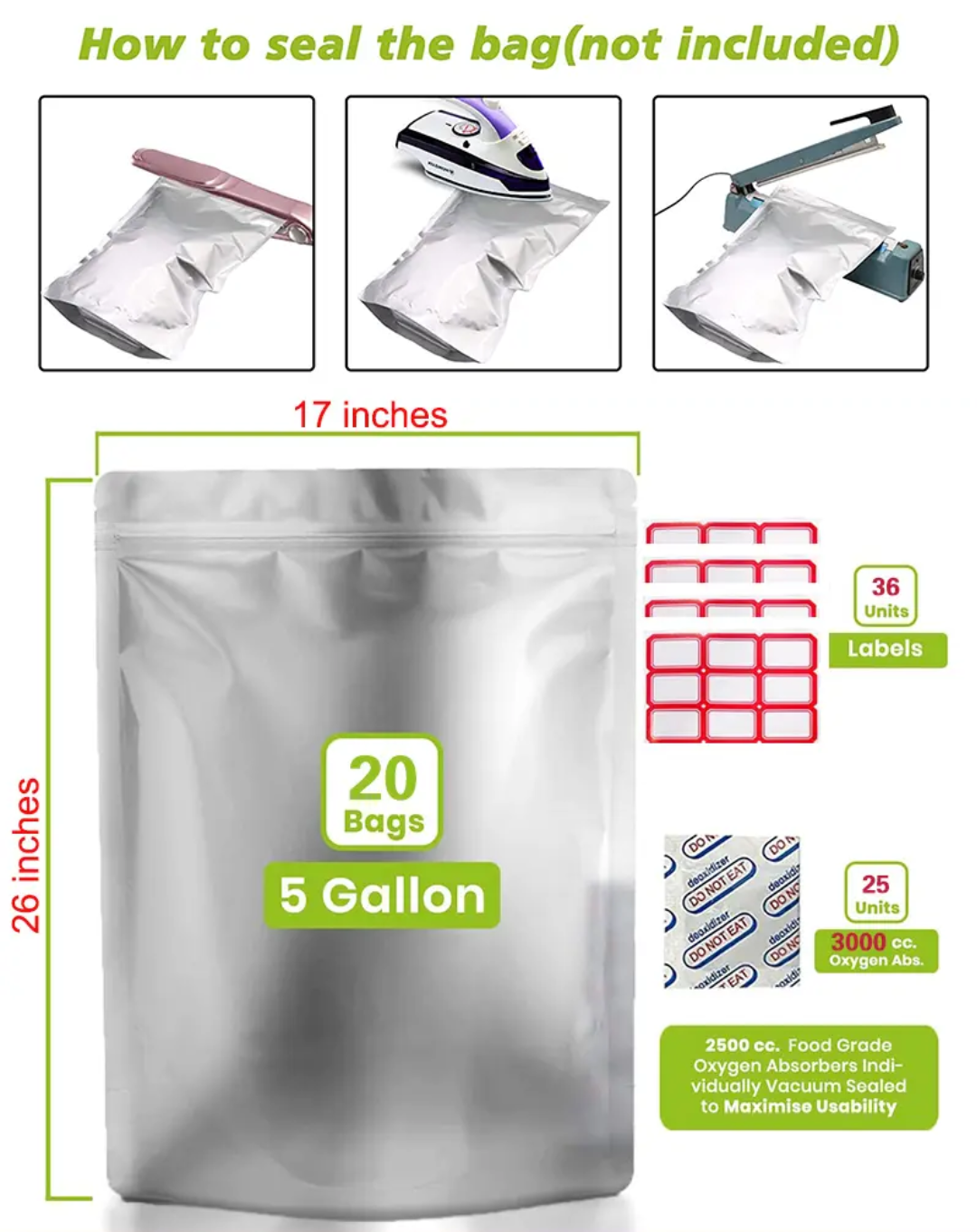 19L Mylar Food Storage Bag set with Oxygen Absorbers | PrepPro Australia