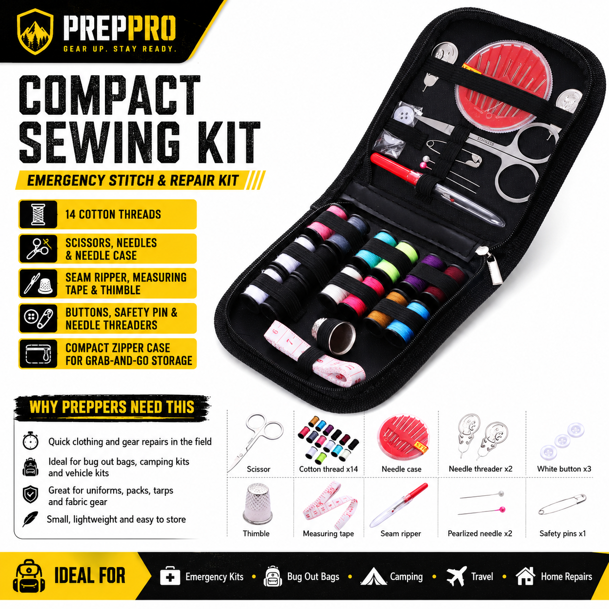 TrailStitch Compact Emergency Sewing Kit – 14 Thread Travel Repair Kit