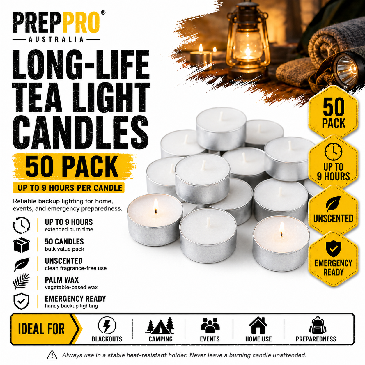 50-Pack Long-Life Tea Light Candles – Up to 9 Hours Burn Time