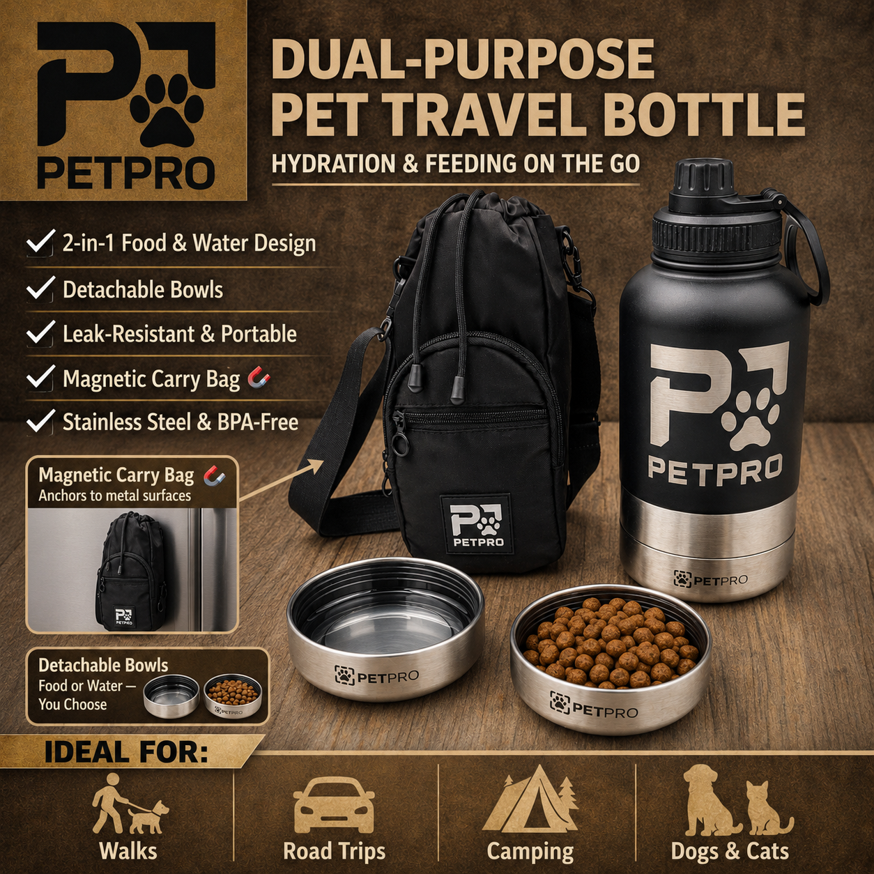 Dual-Purpose Pet Travel Bottle with Magnetic Carry Bag