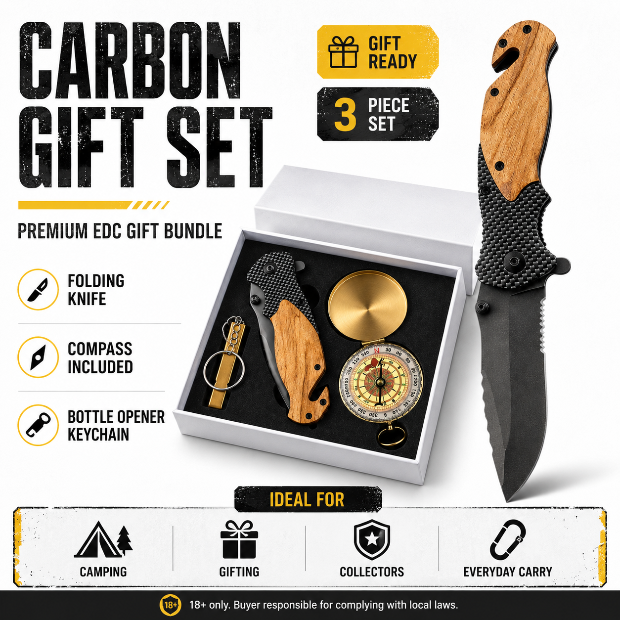 Carbon Gift Set | Folding Knife, Compass & Whistle