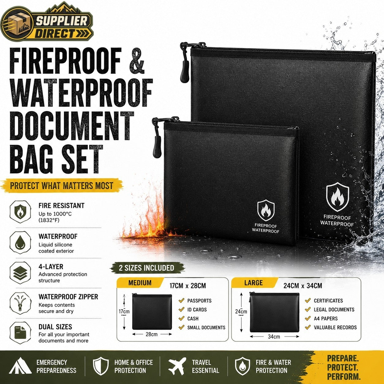 Fireproof & Waterproof Document Bag Set - Dual Size Emergency Document Protection