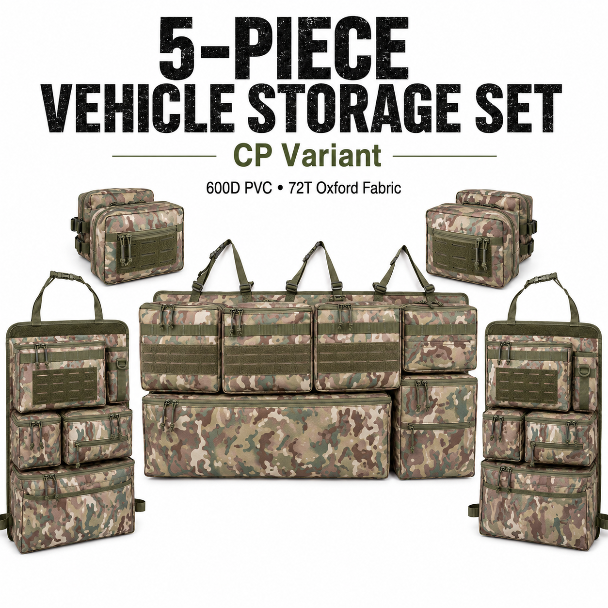 5-Piece Tactical Vehicle Storage Set – MOLLE Seat-Back, Headrest & Boot Organiser System