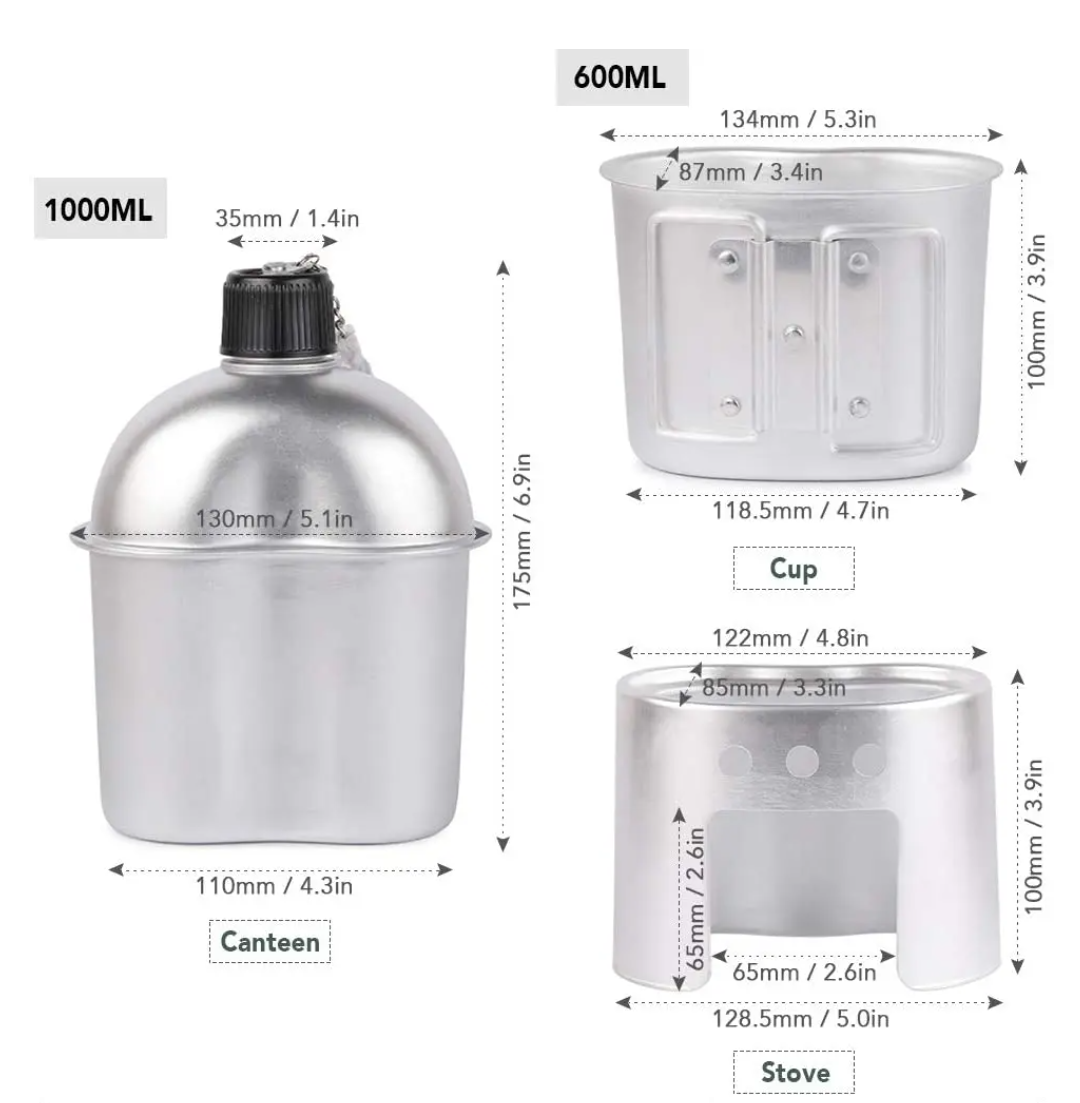 PrepPro 4-Piece Aluminum Canteen Cook Set – 1L Canteen + 600ml Cup + Wood Stove + Carry Bag - PrepPro Australia