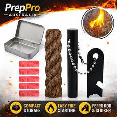 Fire starting tools and materials with PrepPro Australia branding on a fiery background