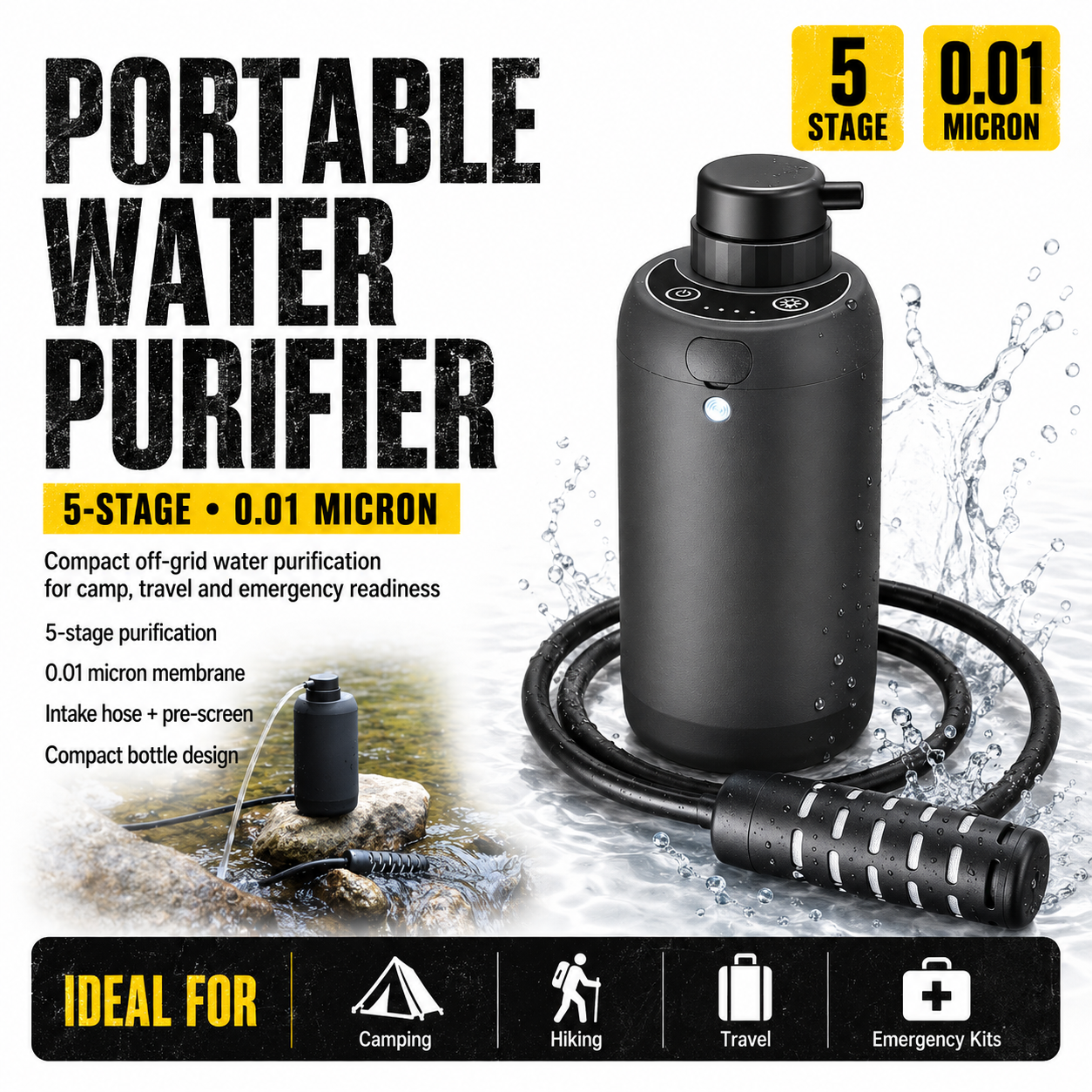 Electric Portable Water Purifier Bottle – 5‑Stage 0.01 Micron