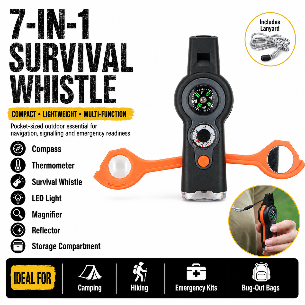 7‑in‑1 Survival Whistle with Light and Signal Tools | PrepPro