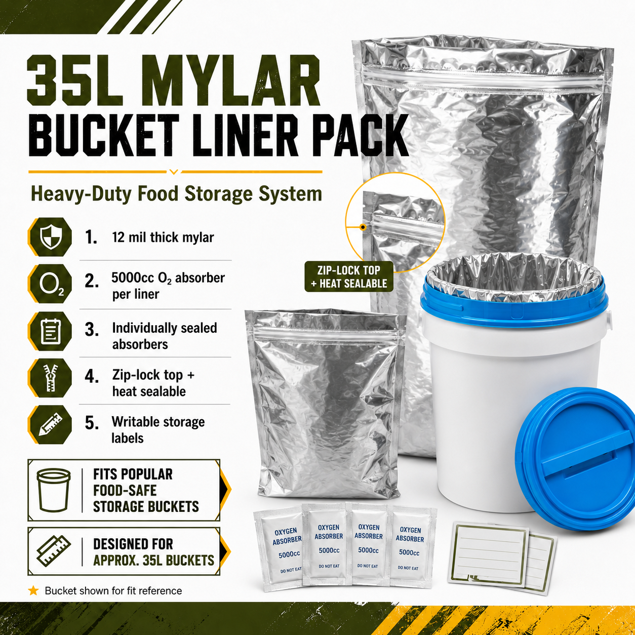 Heavy-Duty 35L Mylar Bucket Liners | 10 Pack Food Storage Kit