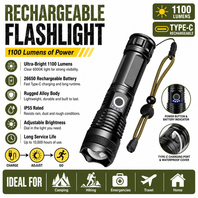 1100‑Lumen Rechargeable Torch – Rugged Build | PrepPro
