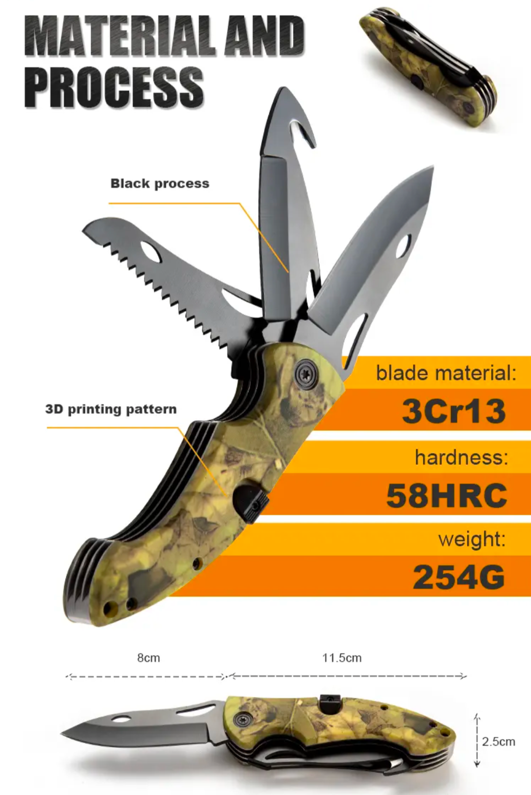 PrepPro Tactical Folding Survival Knife | 3-in-1 Multi-Tool with Saw & Hook