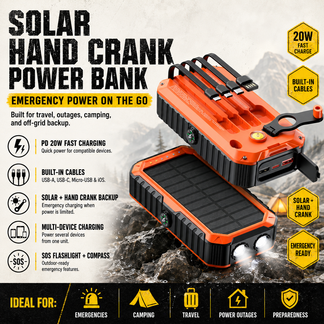 Solar Hand Crank Power Bank with Built-In Cables & PD Fast Charging
