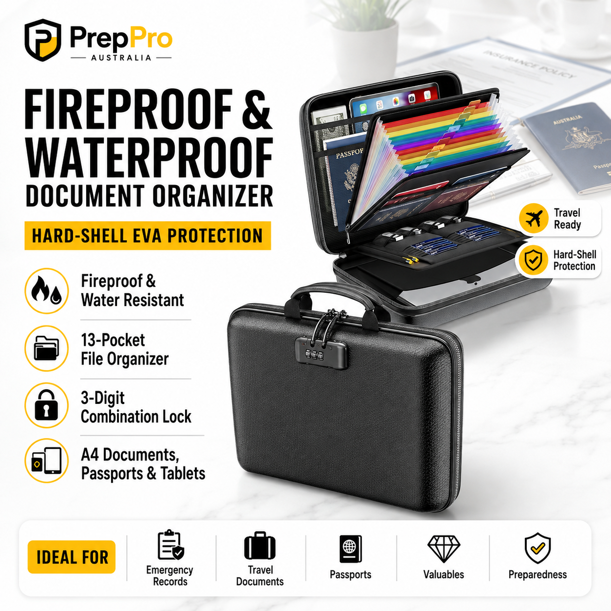 Fireproof & Waterproof EVA Hard-Shell Document Organizer Safe