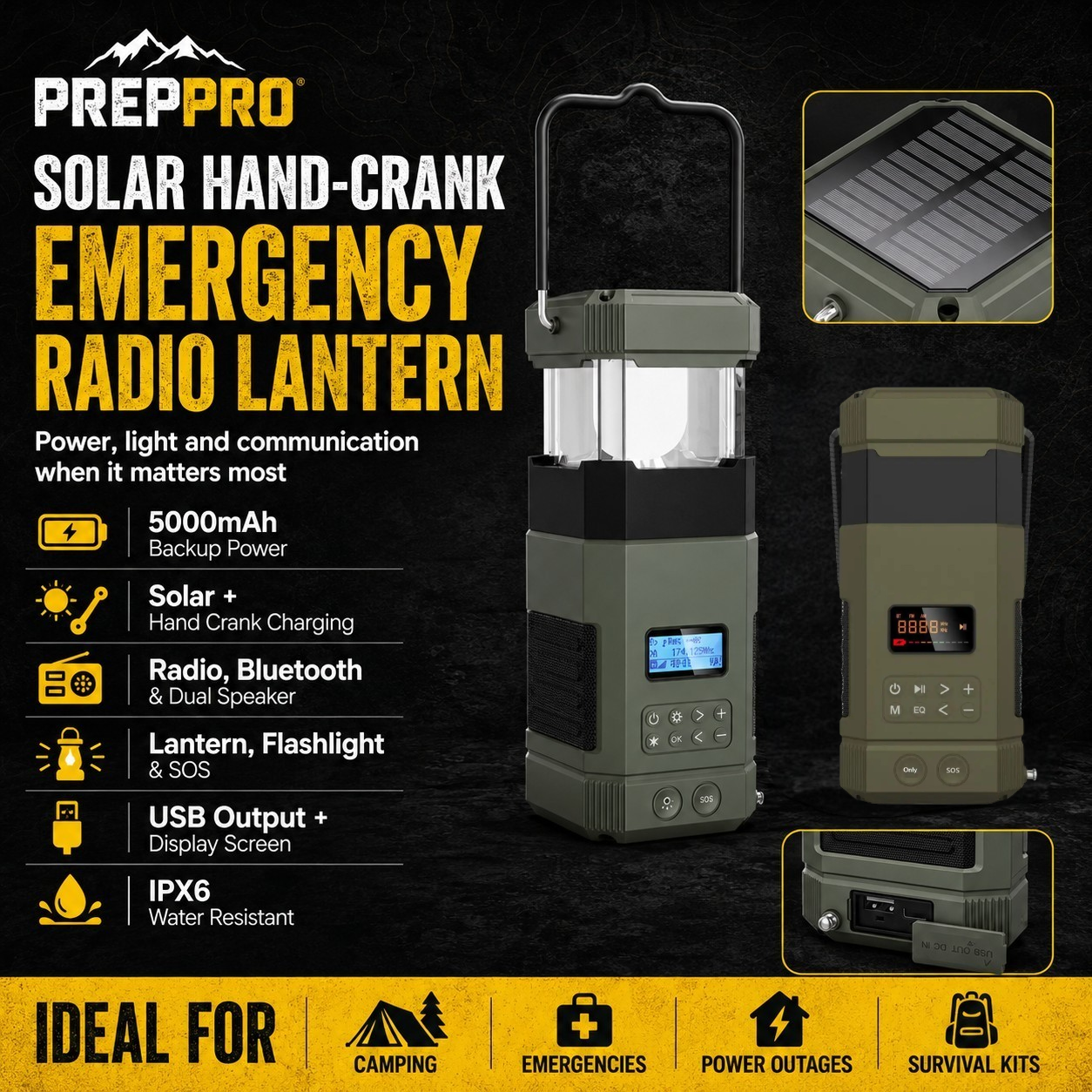 Hand Crank Emergency Radio Lantern – Solar Rechargeable 5000mAh Camping Light & Bluetooth Speaker