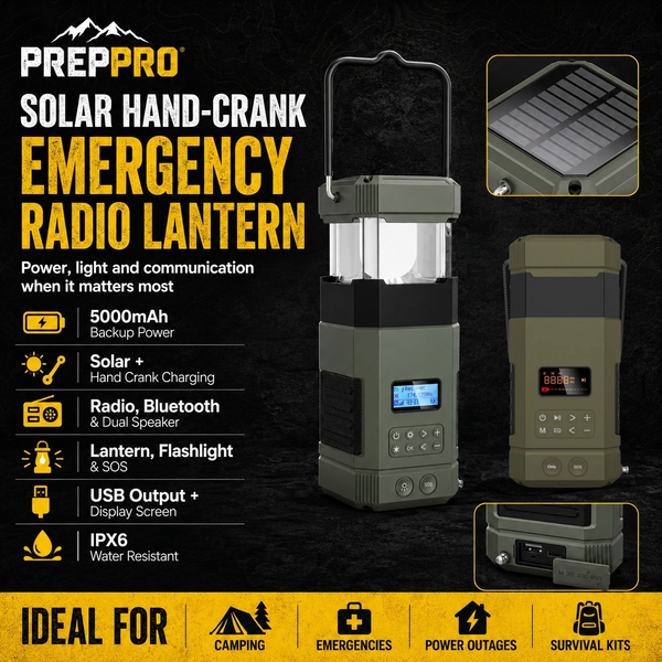 Hand Crank Emergency Radio Lantern – Solar Rechargeable 5000mAh Camping Light & Bluetooth Speaker
