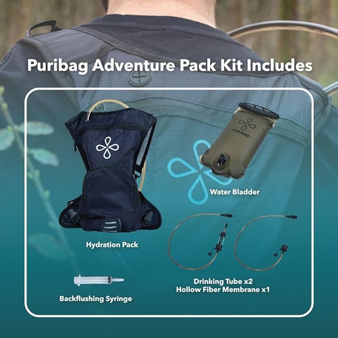 Puribag Adventure Pack Hydration Backpack with 2L Water Bladder & Filter Kit