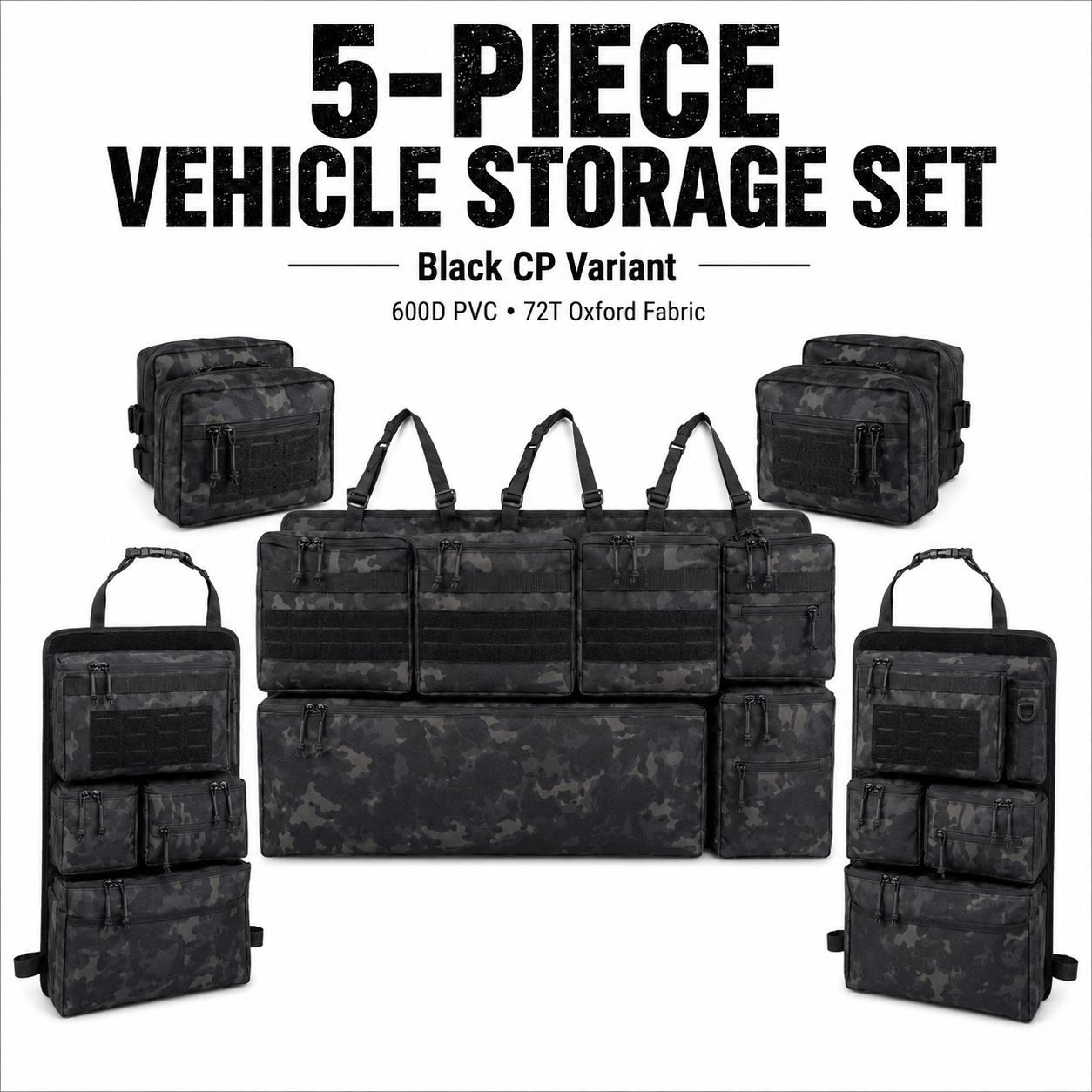 5-Piece Tactical Vehicle Storage Set – MOLLE Seat-Back, Headrest & Boot Organiser System