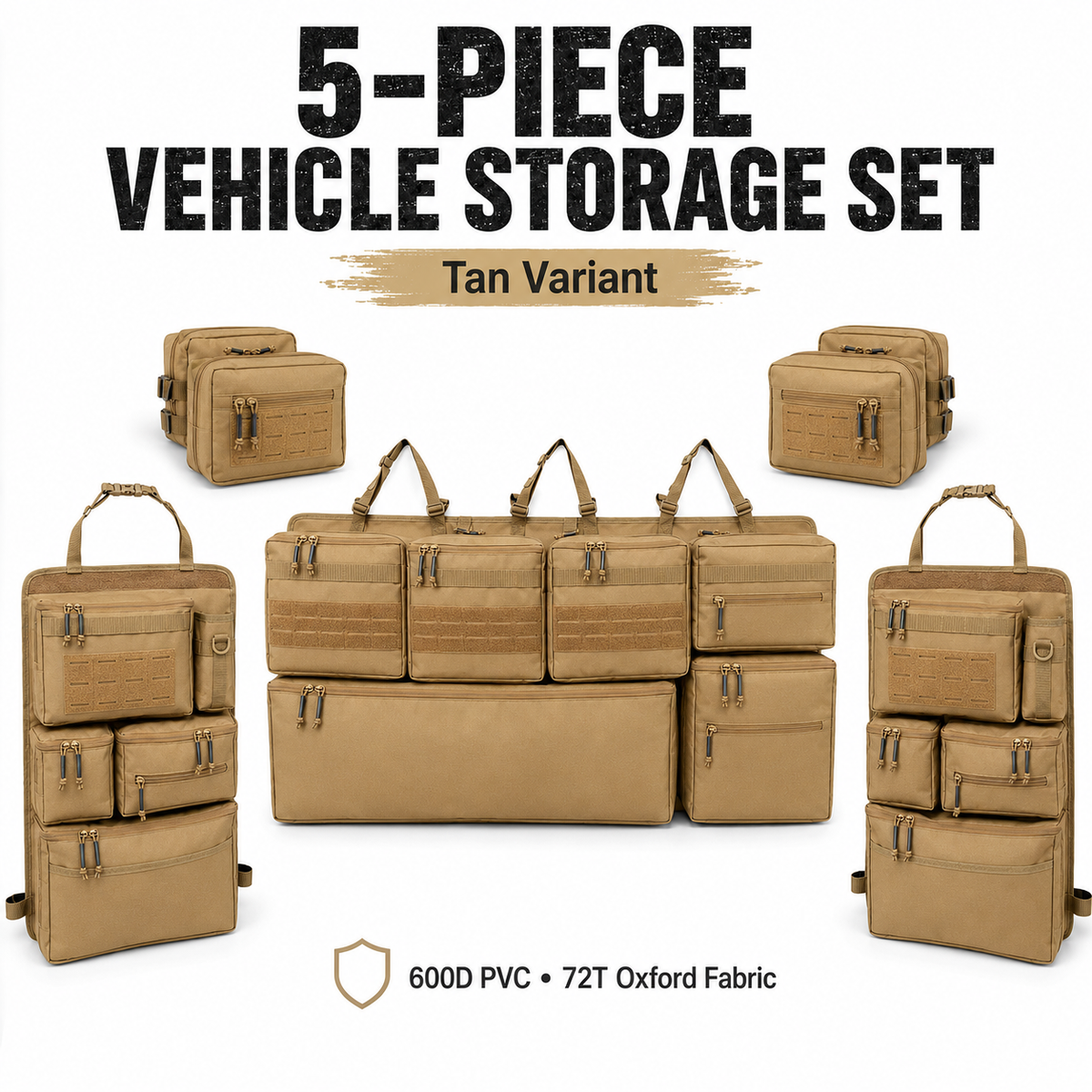 5-Piece Tactical Vehicle Storage Set – MOLLE Seat-Back, Headrest & Boot Organiser System