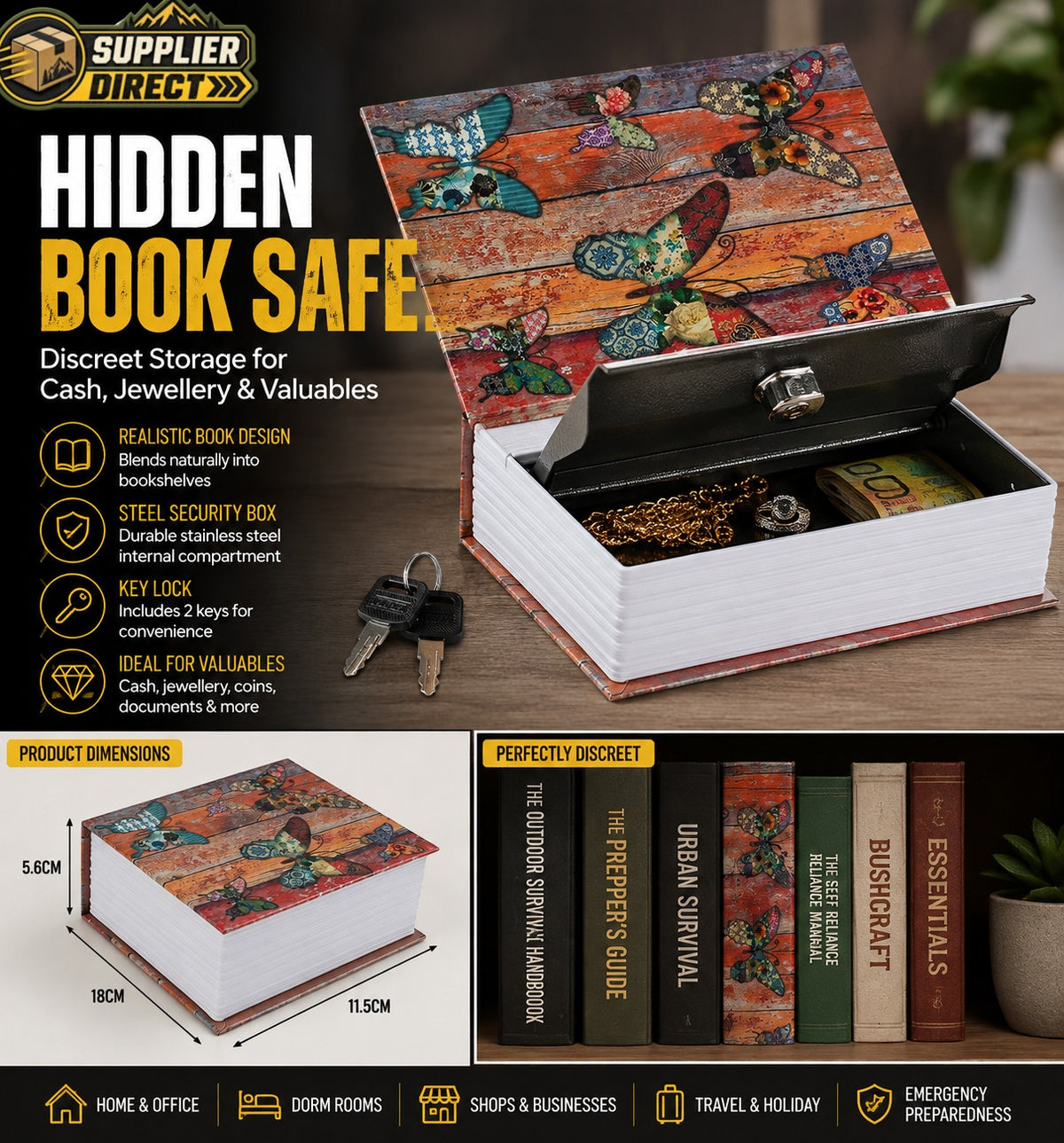 Hidden Book Safe with Key Lock – Discreet Storage for Cash, Jewellery & Valuables