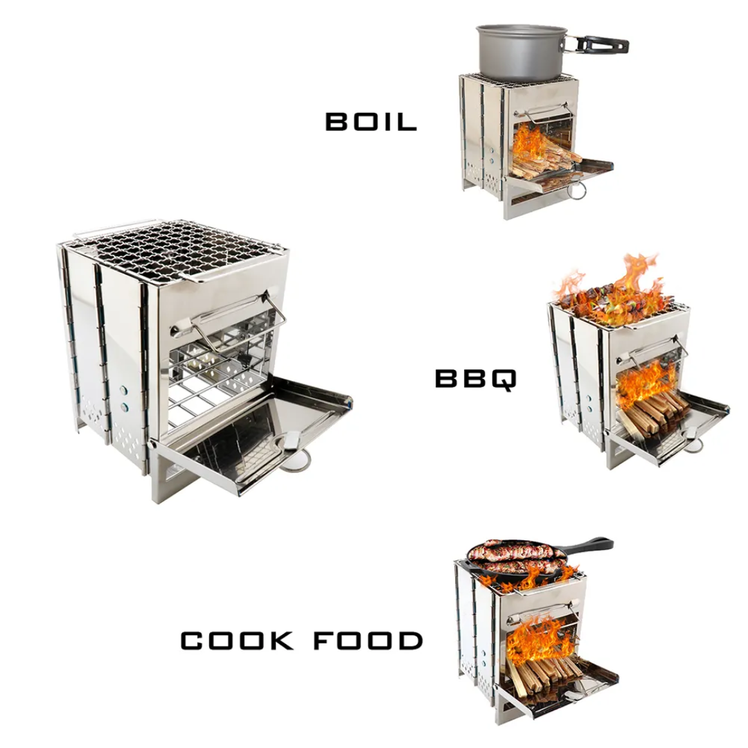 Folding Stainless Steel Wood Stove – Compact, Rugged & Multi-Fuel Compatible