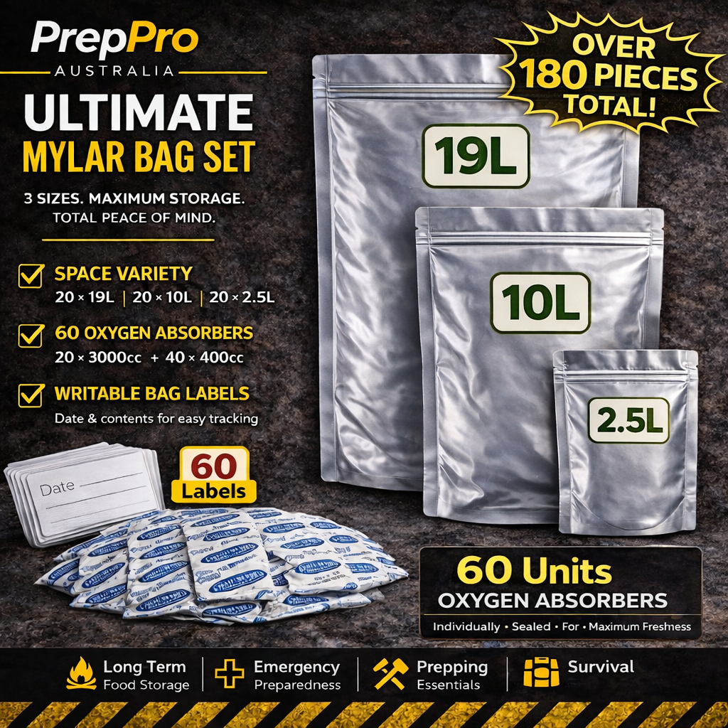 Fortress Fresh Ultimate Mylar Bag Set – 60 Bags with Oxygen Absorbers & Labels
