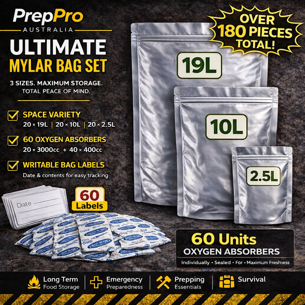 Fortress Fresh Ultimate Mylar Bag Set – 60 Bags with Oxygen Absorbers & Labels