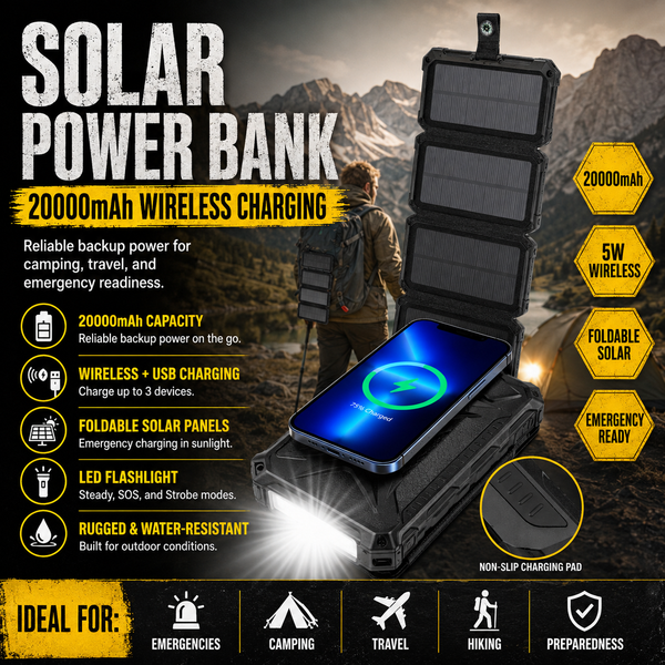 20,000mAh Solar Power Bank with Wireless Charging