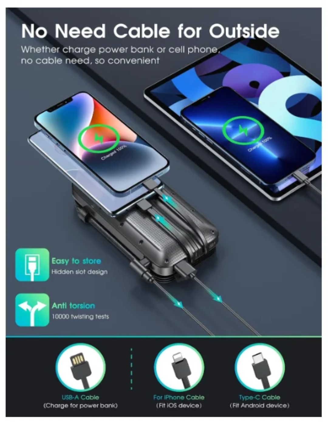 20,000mAh Folding Solar Power Bank – Wireless Charging, Built-In Cables & IP65 Rugged Protection