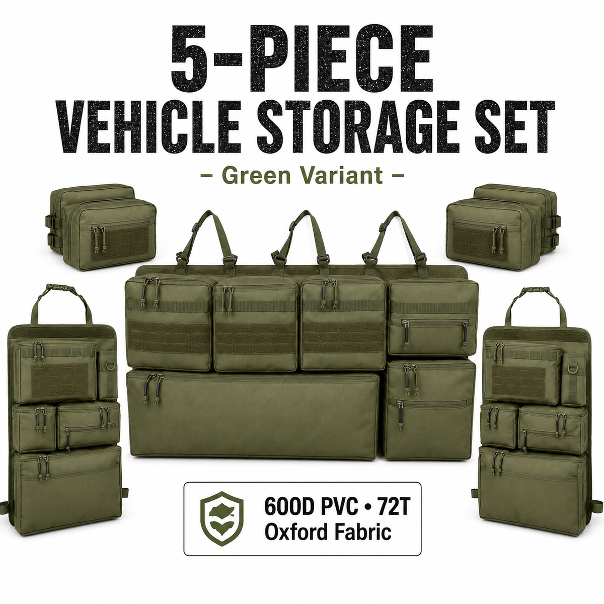 5-Piece Tactical Vehicle Storage Set – MOLLE Seat-Back, Headrest & Boot Organiser System