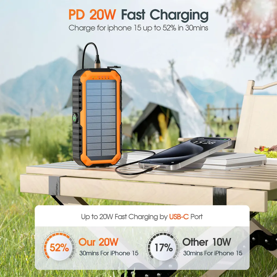 Solar Hand Crank Power Bank with Built-In Cables & PD Fast Charging