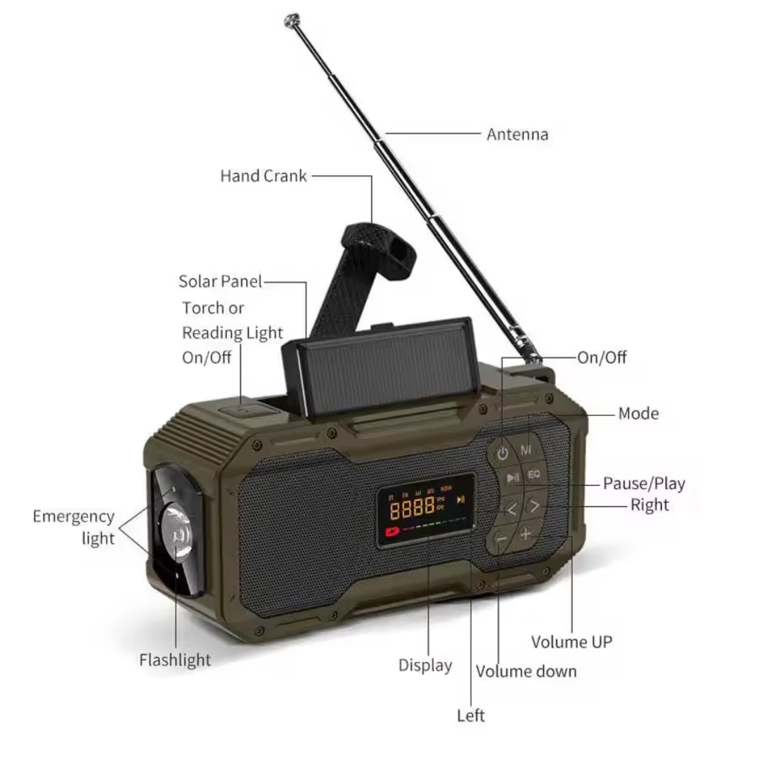 Solar Hand Crank Emergency Radio – 5000mAh Survival Radio with Power Bank, Flashlight & Bluetooth Speaker